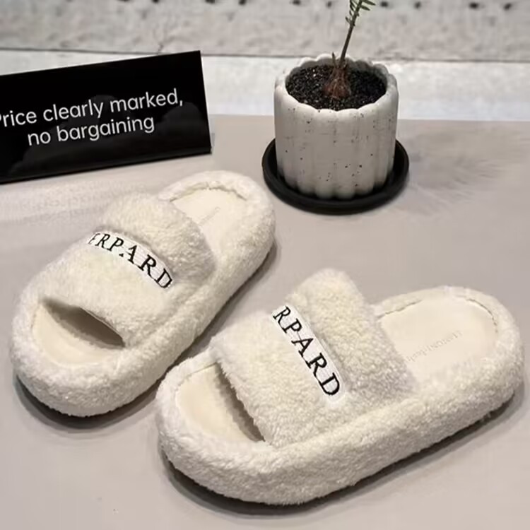 Papuci din lână de miel pentru femei, îmbrăcăminte exterioară de toamnă și iarnă, stil nou, casual, versatil, pentru casă, papuci din blană neagră brodați, cu talpă groasă_voghion.com