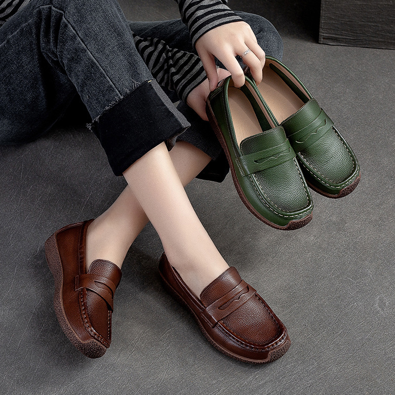 Shanghai Jiechuxin Color-polished Flat Retro Anti-kick Single-layer Cowhide Comfortable Soft Bottom Soft Noodles Personalized Beans Shoes