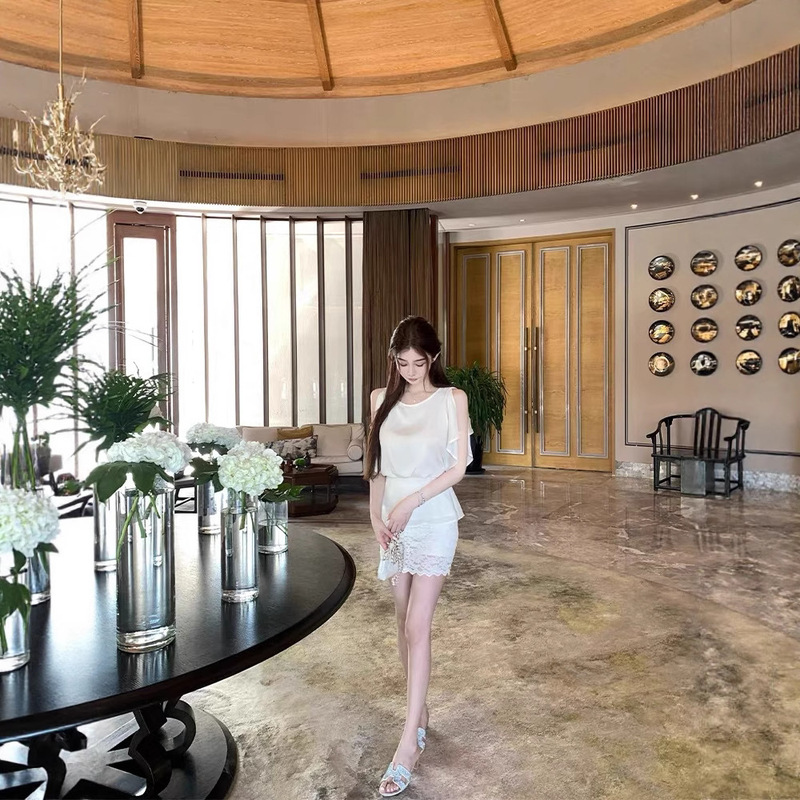 Han Yujia の柔らかい妹の白いレースのヒップカバーショートスカート、女性用、優しくてエレガントな伸縮性のあるパンツ付きスカート|undefined