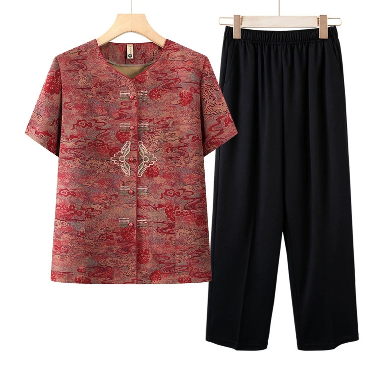 Летний костюм-рубашка для женщин среднего и пожилого возраста, летняя футболка из ледяного шелка с короткими рукавами для мам, топы для бабушек и маленькие рубашки для пожилых людей.