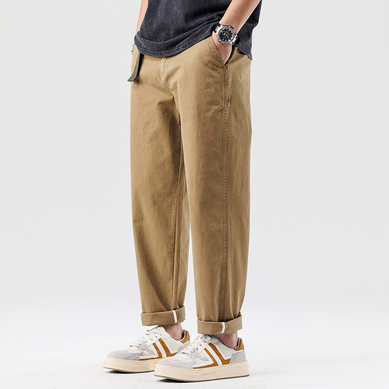 Повседневные брюки цвета хаки, мужские свободные прямые модные Универсальные шаровары больших размеров, весенние брюки из чистого хлопка, эластичные Суженные книзу
