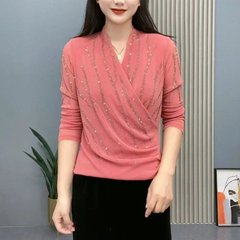 一件代发抖音爆款2025秋季新款时尚显瘦百搭烫钻交叉领弹力打底衫