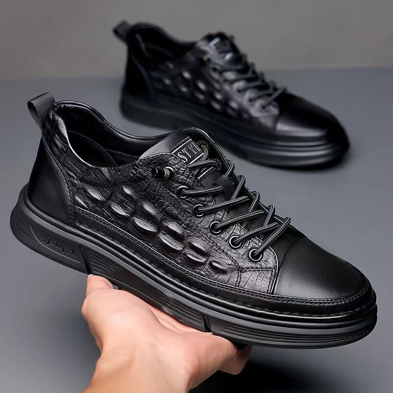 Men's Leather Shoes Men's Genuine Leather 2024 Spring and Autumn New Casual Shoes Fashionable Soft Sole Sports Casual Crocodile Pattern Sneakers