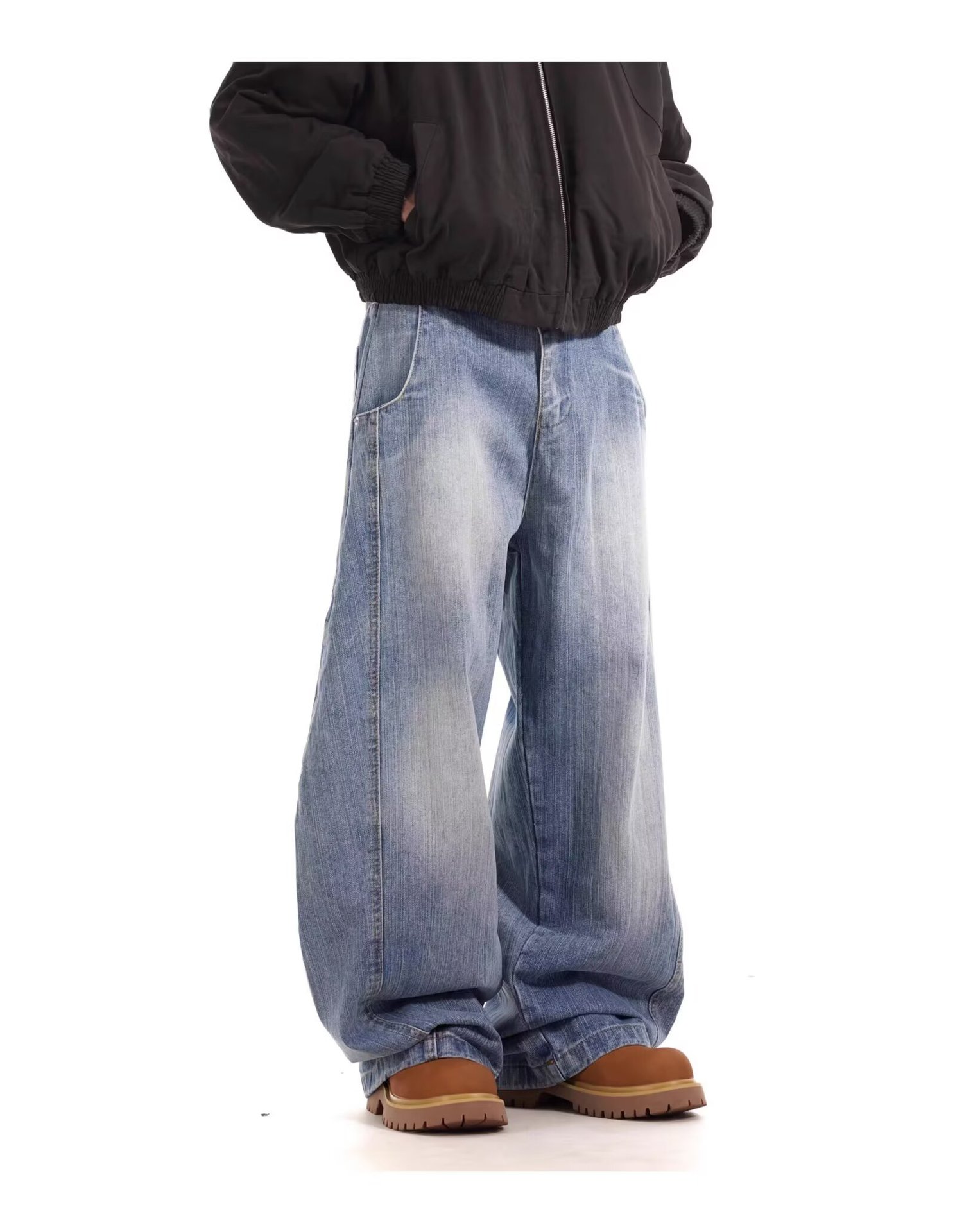 Unisex American Retro Washed Deconstructed Curved Jeans Loose Fitting Relaxed Style Wide Leg Slimming Casual Jeans_mkmklike.com