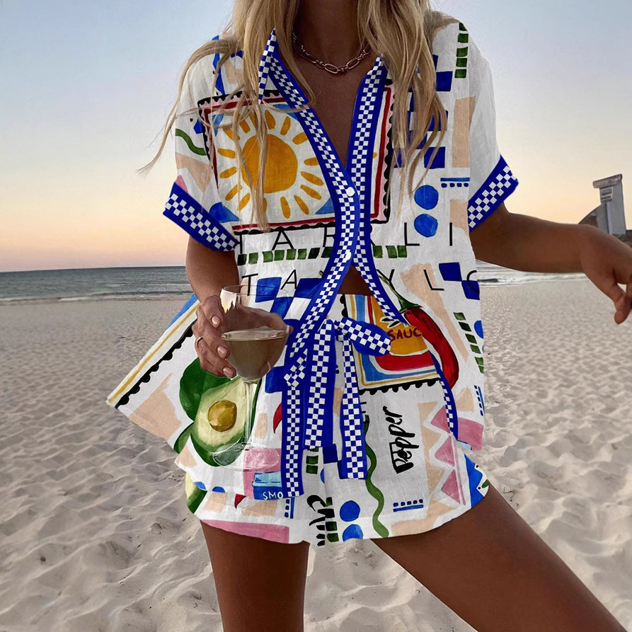 跨境欧美个性艳丽数码印花新款休闲夏季上衣女装套装两件套POD