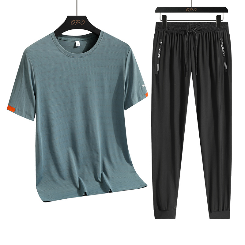 Verano helado juego casual hombre deportivo al aire libre suelto hombre dos piezas juego transpirable secado rápido cuello redondo camiseta pantalón largo