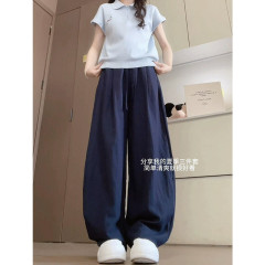 テンセルリネンバルーンパンツ女性の夏薄いハイウエスト怠惰なドレープルーズカジュアルネイビーブルーセンターストレートワイドレッグパンツ