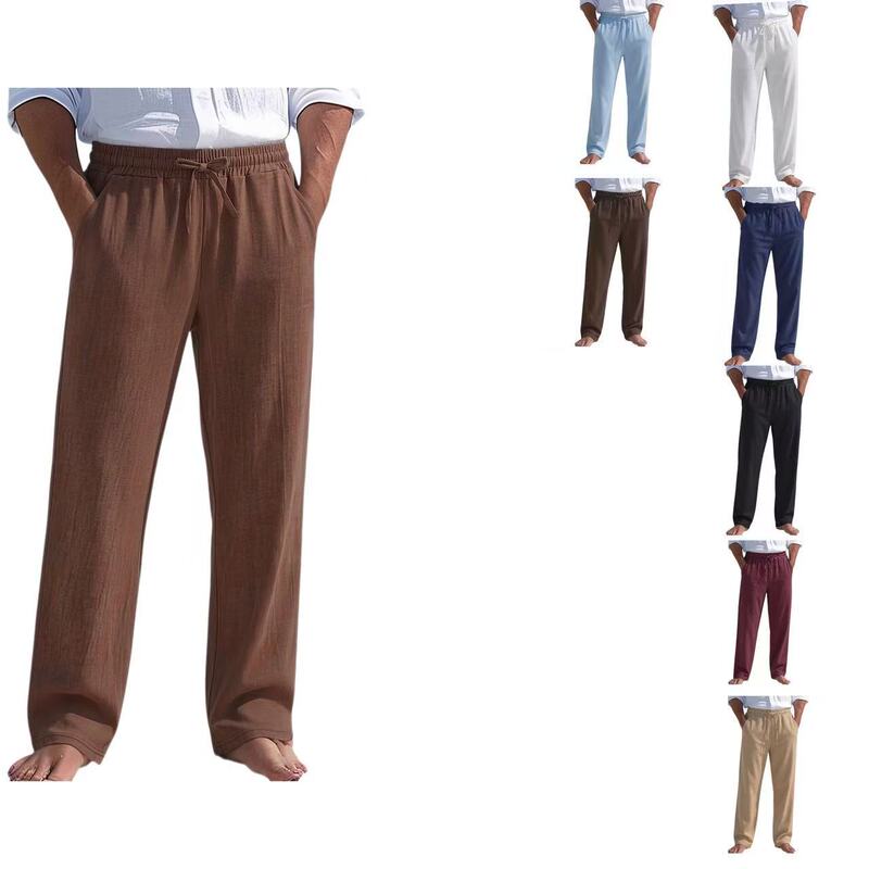 Cross-Border Men's Cotton and Linen Drawstring Wide-Leg Pants, Summer Breathable Casual Straight-Leg Pants, Loose Long Pants for Beach Vacation Cross-Border Men's Cotton and Linen Drawstring Wide-Leg Pants, Summer Breathable Casual Straight-Leg Pants, Loose Long Pants for Beach Vacation