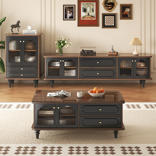 French Retro Solid Wood Tv Cabinet Living Room Home Floor-Standing Storage Cabinet Small Apartment Coffee Table Combination Side Cabinet Storage Cabinet