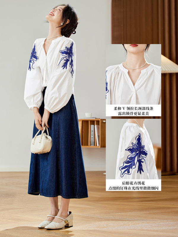 棉茧 绣花白衬衫女长袖2025秋冬装新款灯笼袖宽松上衣纯棉衬衣|undefined