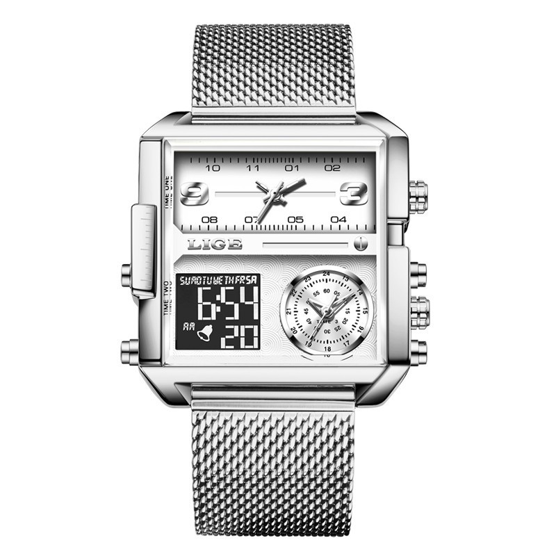 LIGE 8925SS nuevo cinturón de malla placa cuadrada doble pantalla personalidad creativa electrónica de cuarzo reloj de hombre fresco