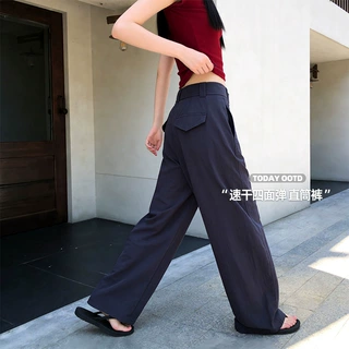 藏青色高档阔腿裤女裤子春秋新款高腰窄版直筒裤高级感宽松休闲裤