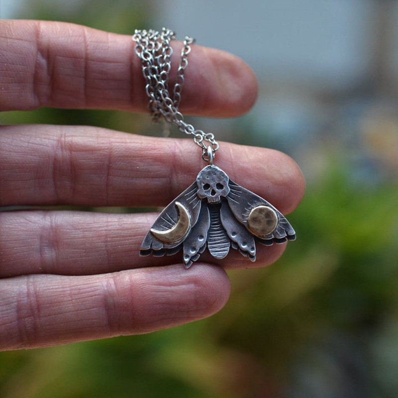Chencui Creative Skull Head Moth Insect Sun Moon Pendant Necklace Personalized Women's Jewelry_voghion.com