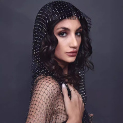 亞馬遜跨境新款歐美女裝網眼水鑽漁網上衣甜辣風閃鑽連帽背心