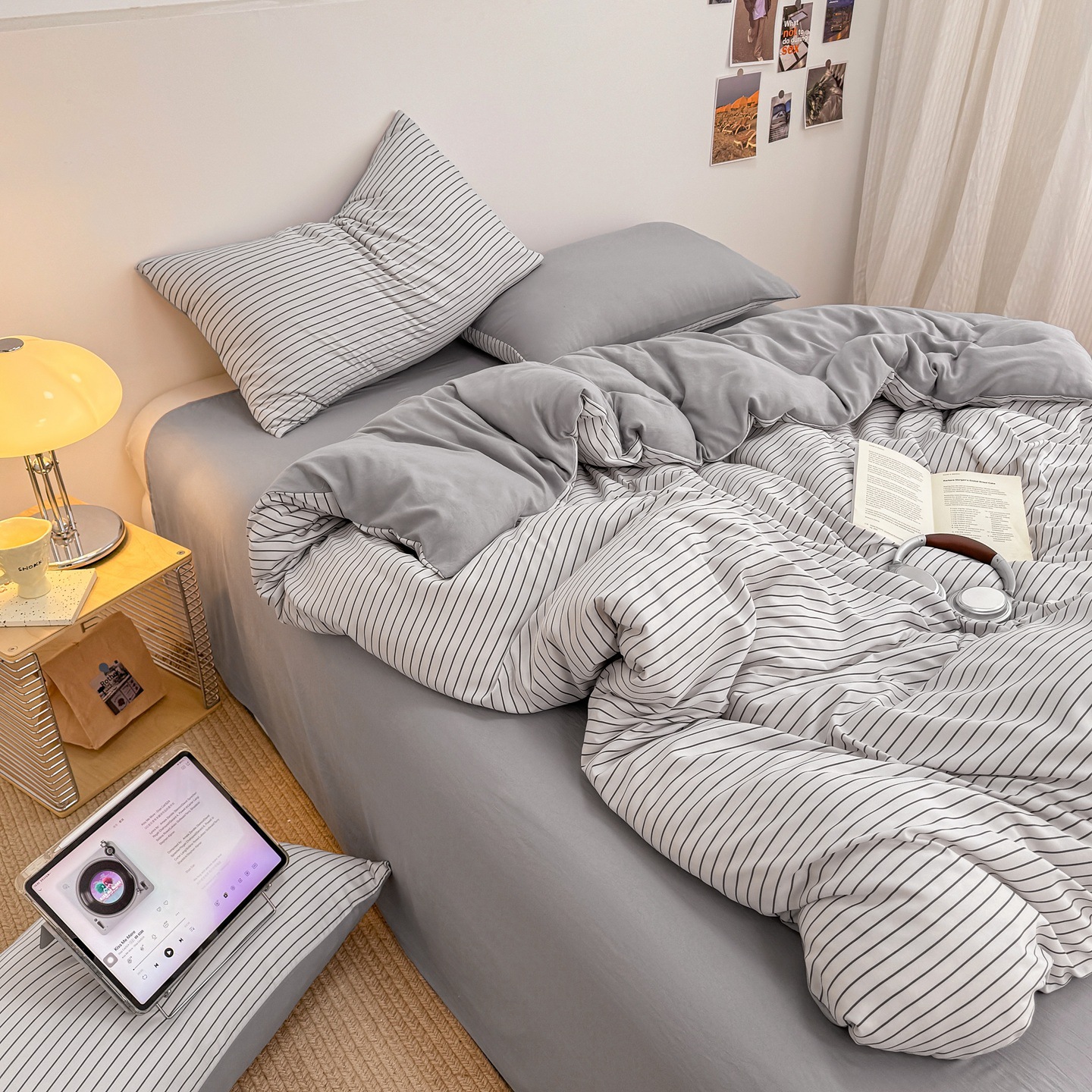 Minimalist Two-tone Washed Cotton Four-piece Bedding Set Home_voghion.com