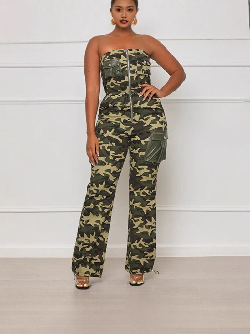 Comercio extranjero transfronterizo ropa de mujer de moda europea y americana sexy hombro abierto envuelto en el pecho elástico cintura cremallera recta junky camuflaje