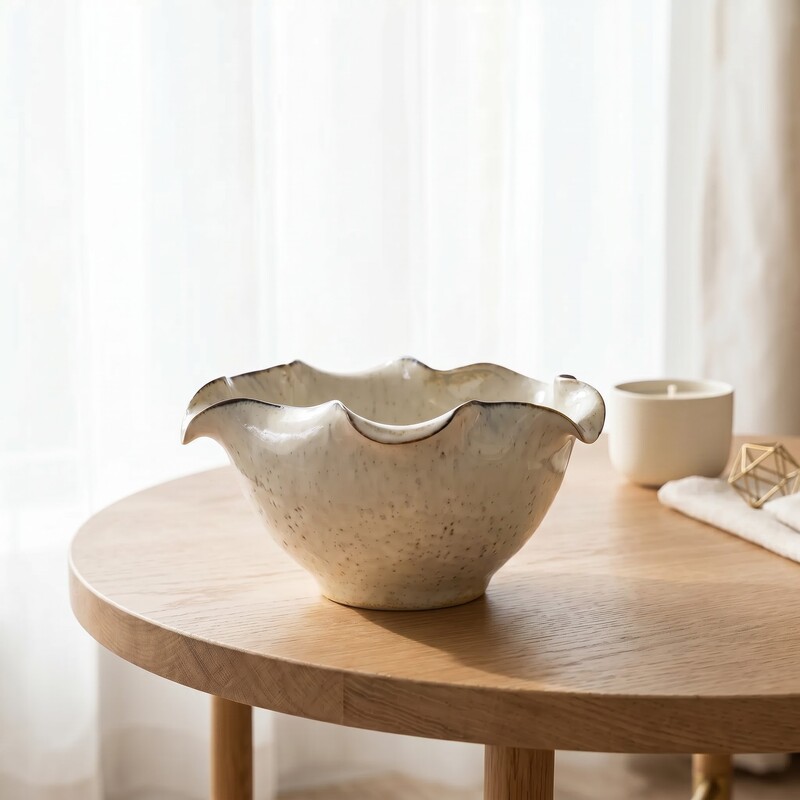 Modern Art Ceramic Fruit Plate with Lotus Leaf Edge Design, Home Living Room Decorative Piece, Handmade Creative Light Luxury Dining Accessory