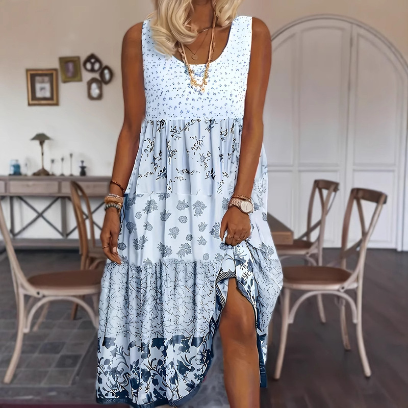 2026 New Summer Style Bohemian Sleeveless Printed Round Neck Dress Long Skirt Women's Casual Beach Summer Dress
