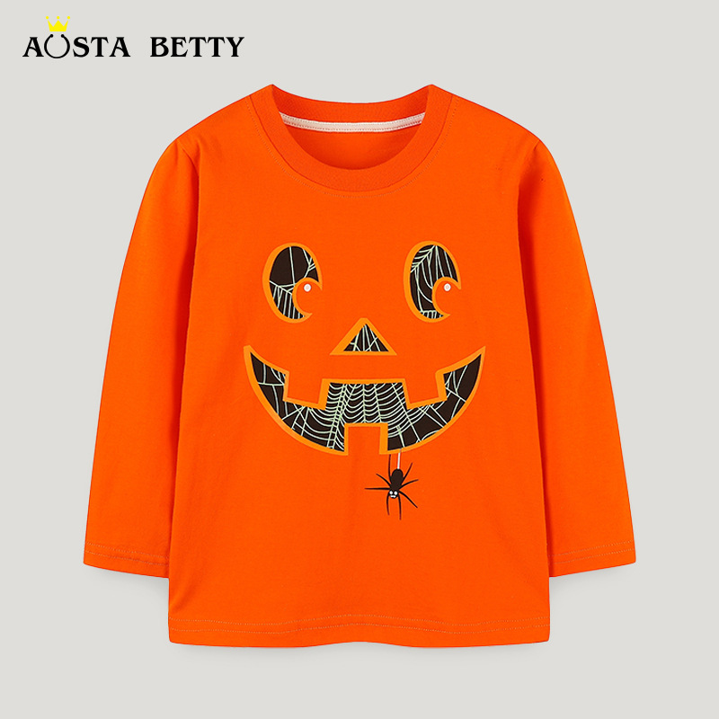 European and American style children's long-sleeved T-shirt, autumn new style, Halloween fluorescent pumpkin print top for toddlers, mixed wholesale.