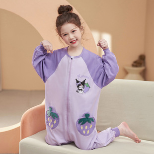 Coolomi girls' one-piece pajamas spring and autumn pure cotton girls' summer thin long sleeve children's anti-kick sleeping bag