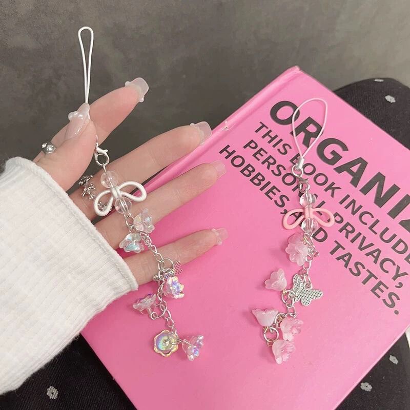 Niche Design Pink Flower Butterfly Bead Phone Case Pendant Lanyard Sweet Style Keychain Camera Accessories
