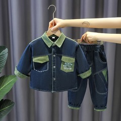 男童套裝春裝2024新款時髦炸街牛仔工裝風兩件套兒童春季帥氣童裝