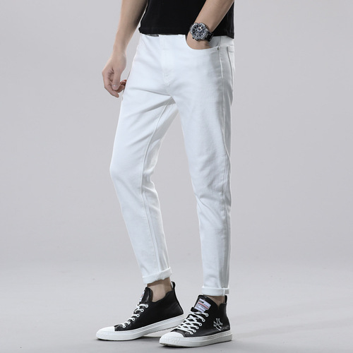 Pure white high-end jeans men's elastic slim fit men's nine-point pants fashion brand versatile physical store good supply