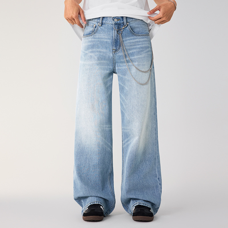 Ottb Straight-Leg Jeans for Men, Long Casual Loose Straight-Leg Pants, Wide-Leg Washed Denim Men's Trousers