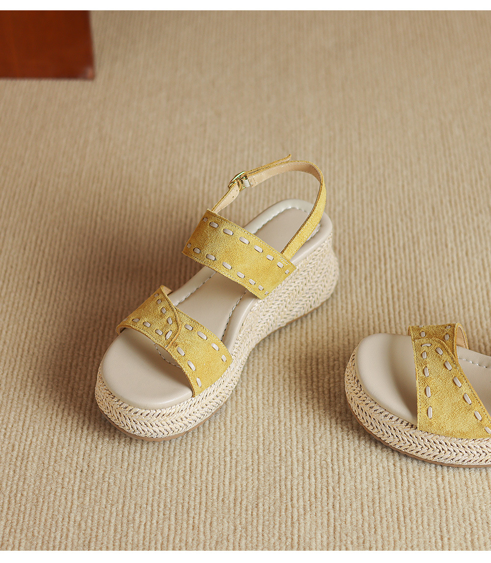 Sandal nữ đế xuồng đan rơm cao gót, quai ngang một dây, phong cách hè thoải mái — Màu caramel, màu vàng chi tiết 21