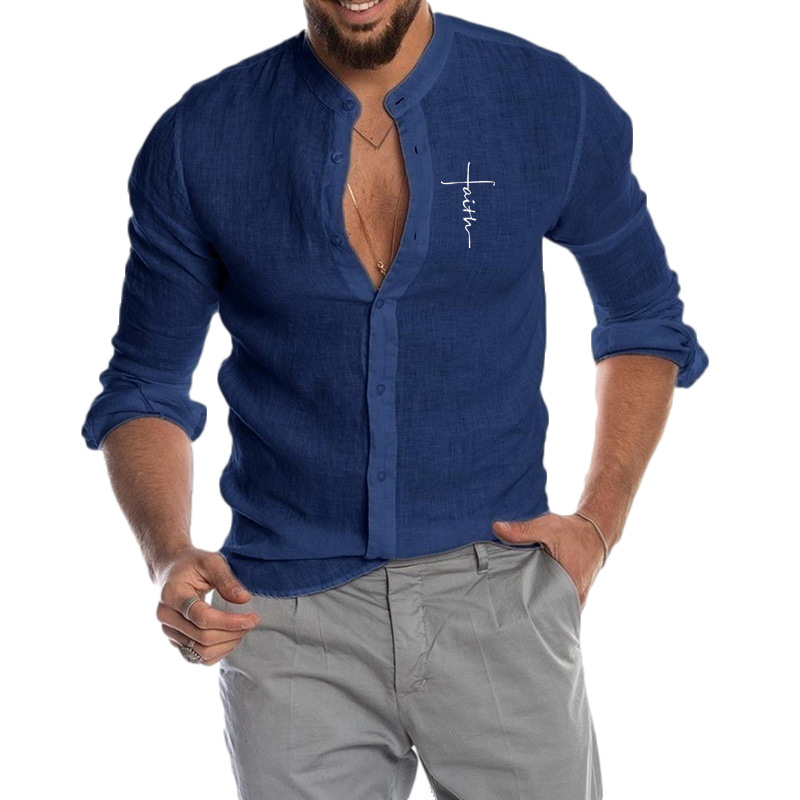 Tendenza della camicia da uomo a maniche lunghe con collo in piedi in lino nuovo stile autunno / inverno 2024_voghion.com