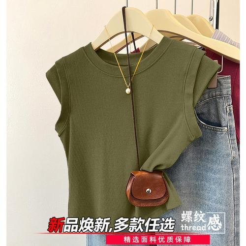 Pure-color regular shoulder, high-waisted plus-size youthful trendy flutter sleeve t-shirt for women, summer design sense, niche top, fashionable