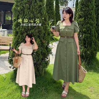 k3317大码女装法式方领开襟长款腰带裙女士职业装工装裙胖mm裙