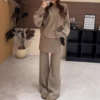 秋冬新款针织时尚休闲套装女士韩版宽松套头毛衣屁帘阔腿裤两件套