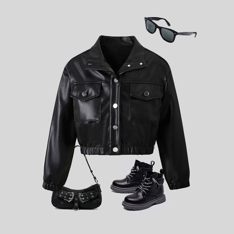 Cross-border foreign trade children's clothing 2024 autumn and winter girls British style European and American coat cycling pu children's button leather jacket