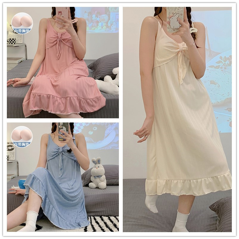 TikTok transmisión en vivo Camisón de verano con correa de almohadilla en el pecho pijamas lindos de mujer dulce y delgada ropa de verano de longitud media