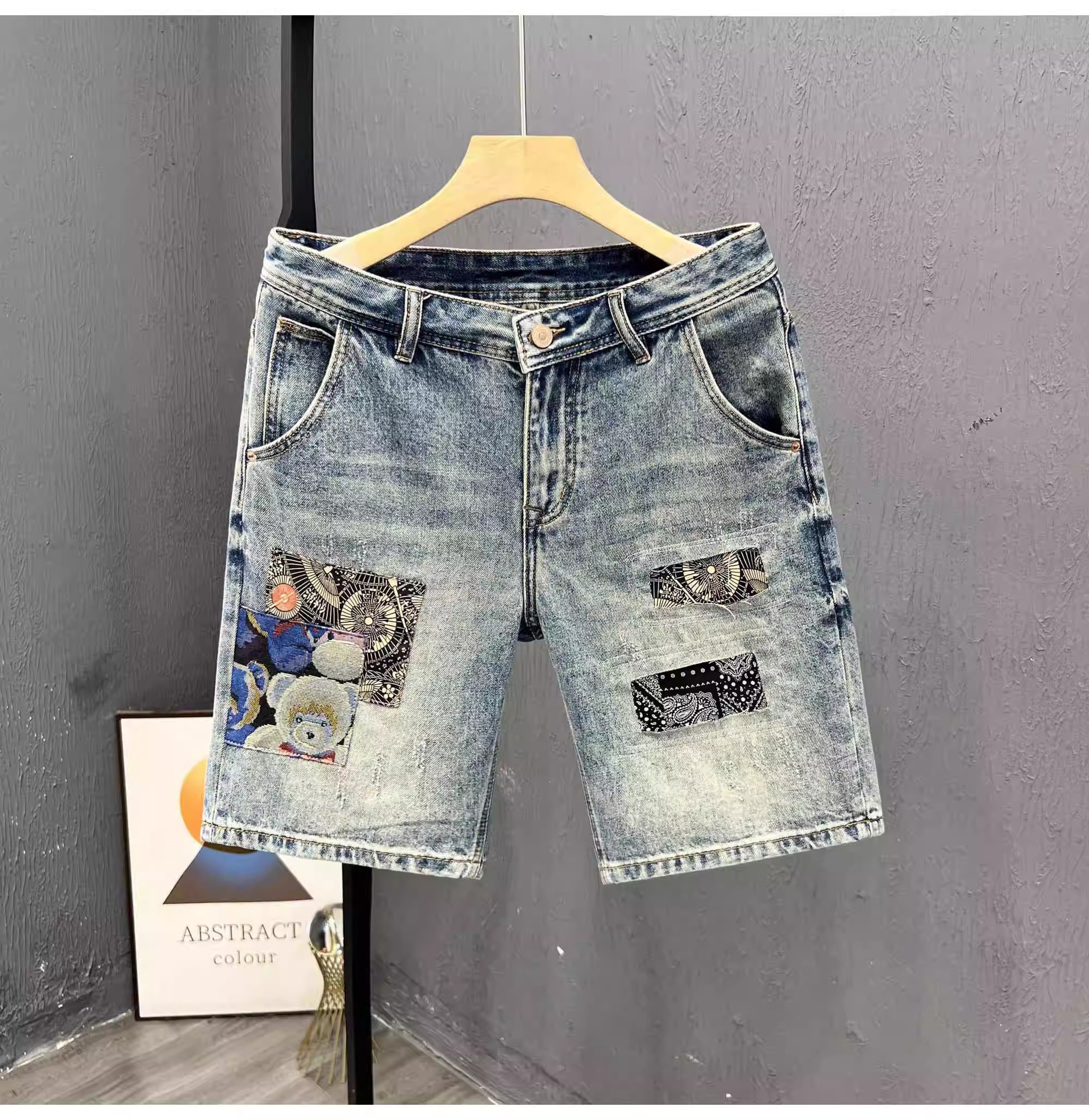Men's Denim Shorts Patchwork Embroidery Ripped High Street Style_voghion.com