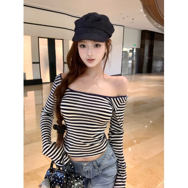 条纹绑带露背u领T恤女2025秋季设计感修身打底衫纯欲显瘦长袖上衣|undefined