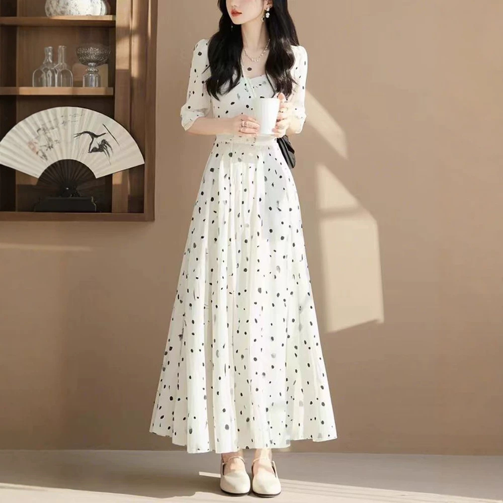 Đầm suông nữ midi họa tiết chấm bi phong cách Pháp — Điểm sóng trắng chi tiết 4