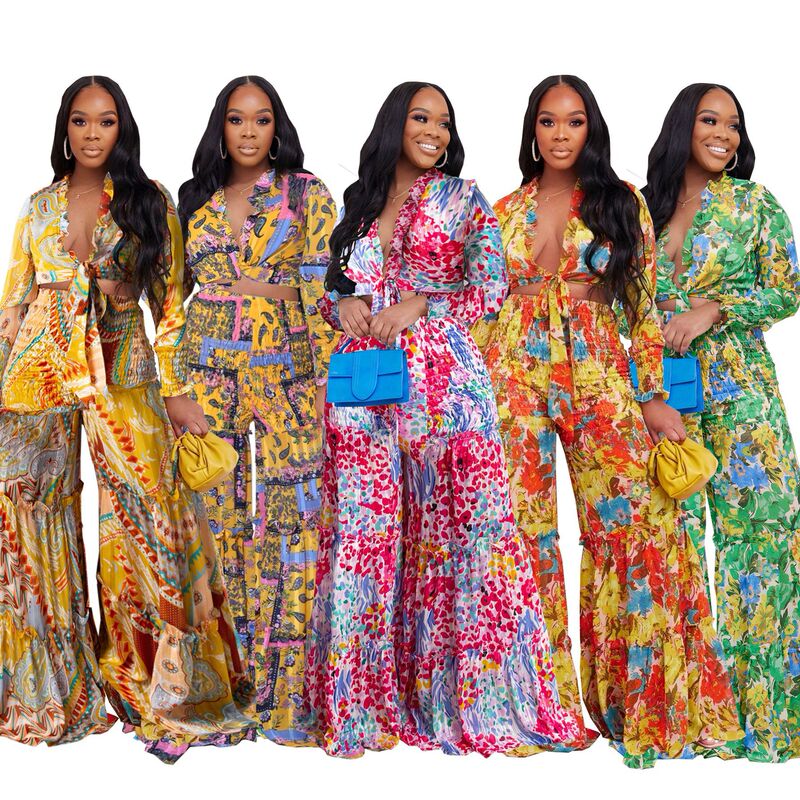 Mm2125 European and American Style Chiffon Asymmetrical Printed Long-Sleeved Wide-Leg Women's Casual Suit Cross-Border Export Supply Mm2125 European and American Style Chiffon Asymmetrical Printed Long-Sleeved Wide-Leg Women's Casual Suit Cross-Border Export Supply