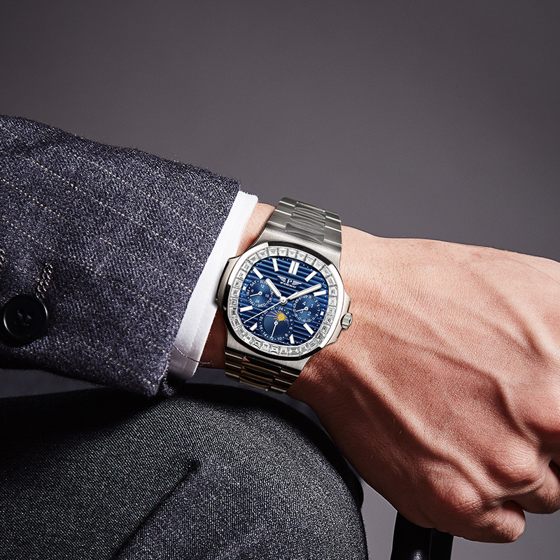 Đồng hồ nam Nautilus đa chức năng mặt số vuông màu xanh kim cương — 6502 sáu kim mặt xanh với kim cương
