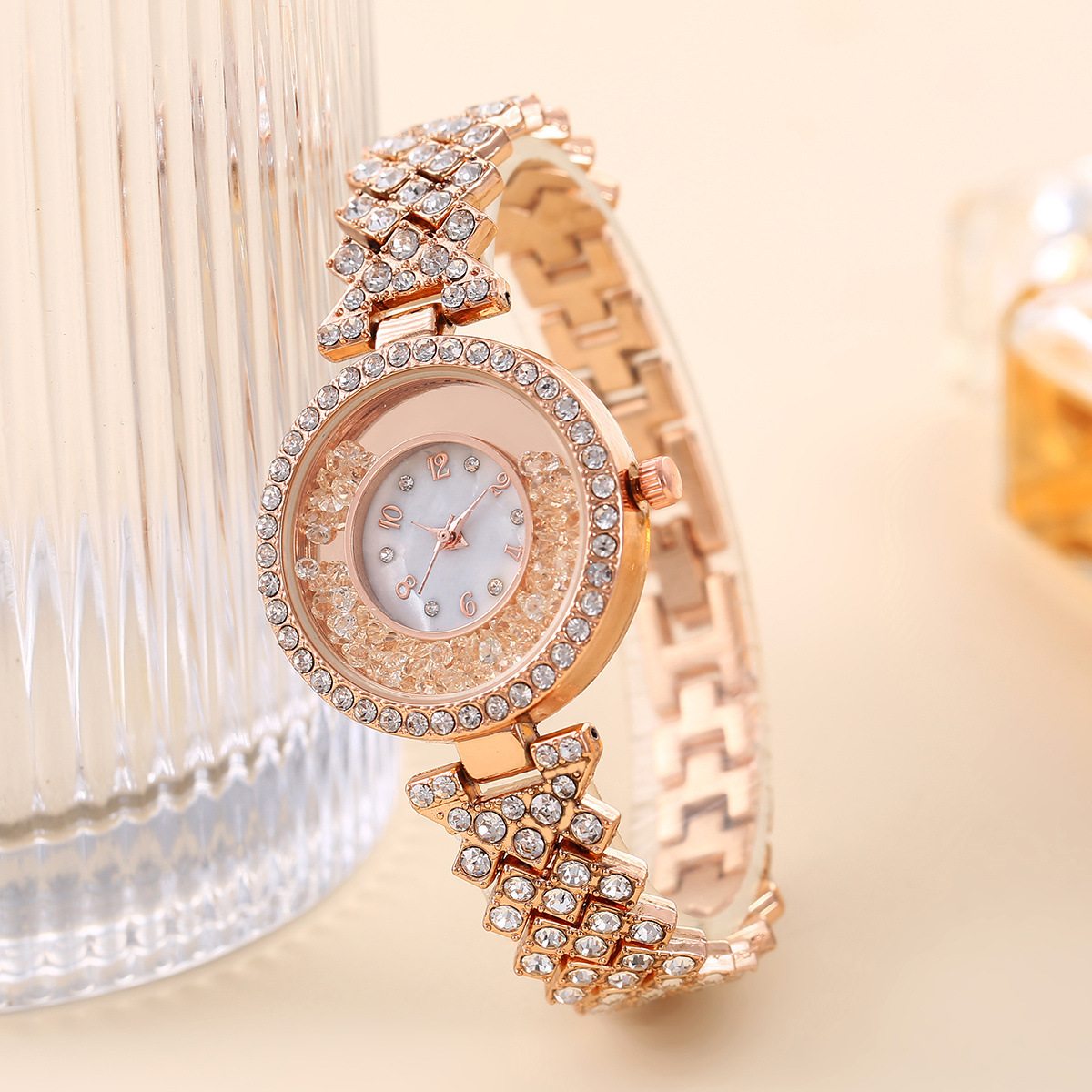 Fashion quicksand ball rhinestone Women's Watch Diamond Steel Belt bracelet digital dial light luxury watch_voghion.com
