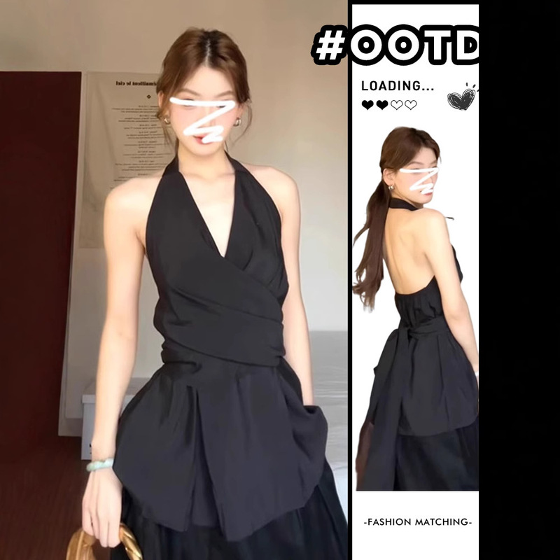 French Black V-Neck Halterneck Sleeveless Shirt for Women Summer High-End Elegant Waist Lace-Up Backless Top Suit French Black V-Neck Halterneck Sleeveless Shirt for Women Summer High-End Elegant Waist Lace-Up Backless Top Suit