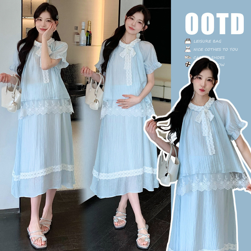 Gentle and Sweet Blue Stitching Lace Top Skirt Set with Maternity Dress
