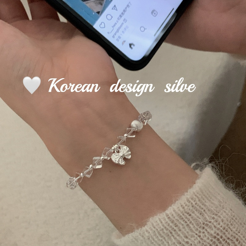 韓國簡約手工銀飾品 S925純銀蝴蝶結方形水晶手鍊女疊戴小眾ins風