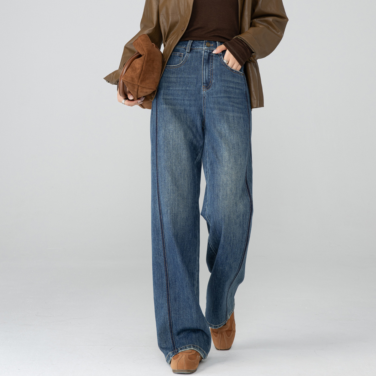 立体分割复古撞色高腰阔腿牛仔裤女2025秋季新款显瘦宽松长裤