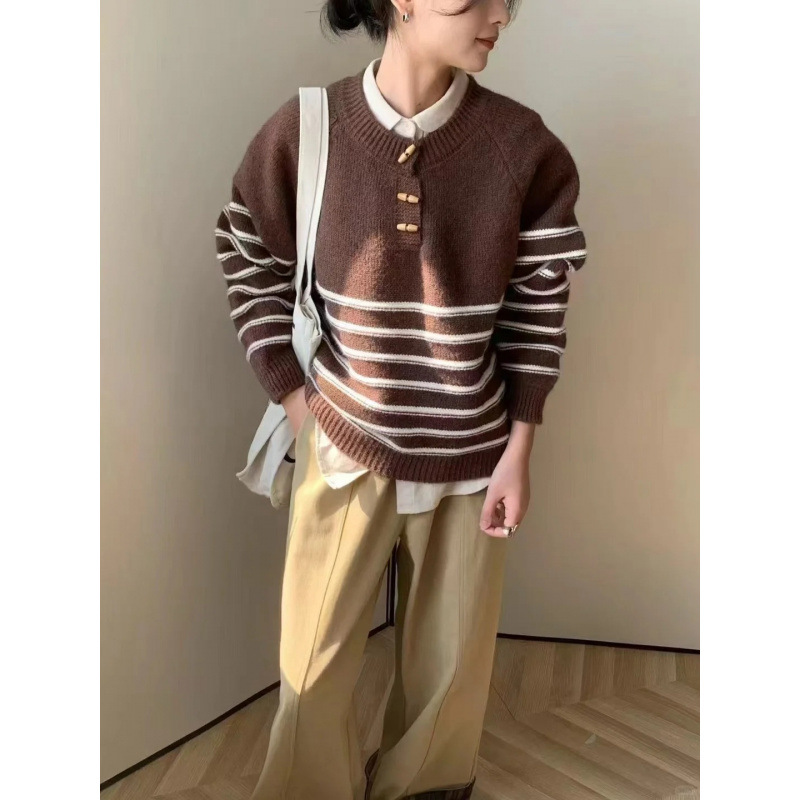2025 transfronterizo coreano relajado suéter a rayas casual mujeres otoño y invierno temperamento retro manga larga chaqueta de punto