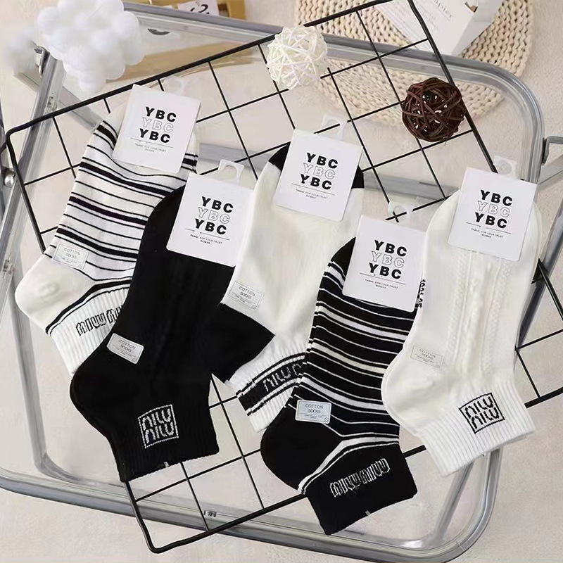 Black and white socks women's spring thin ankle socks combed cotton ins style trendy brand letters low-top short tube college style socks