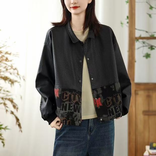 2025 Spring Leather Coat Women's Long Sleeve Cardigan Coat Stitching Loose Casual Korean Style Coat New Coat