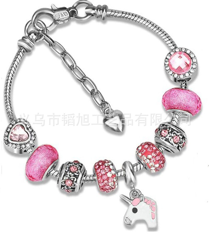 Panjia European Charm Alloy Silver Plated Unicorn Bracelet DIY Drop Oil Horse Beaded Christmas Gift Wholesale