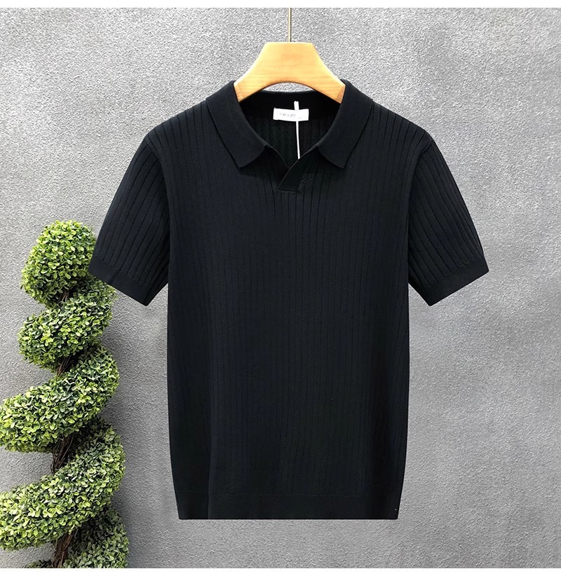 Herren Polohemd Gestrickt Gestreift Eisseide Kurzarm V-ausschnitt_voghion.com